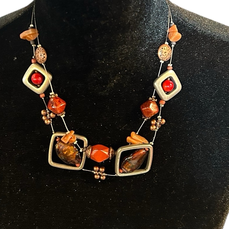 Chico's Red And Brown Geometric Necklace With Beautiful Baubles & Bright Colors